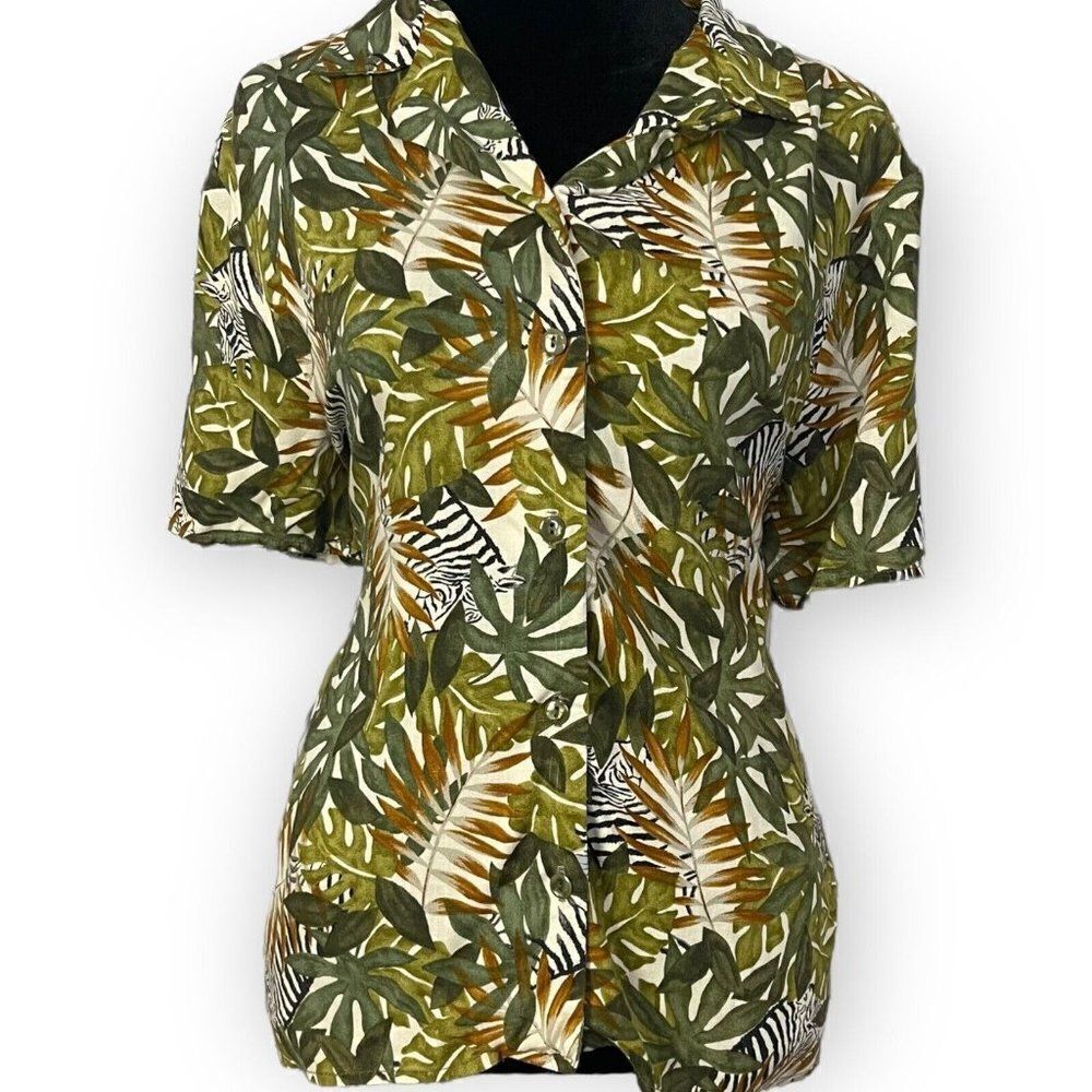 Women's Zebra Tropical Floral Print Blouse Casual Short Sleeve Top Size Large